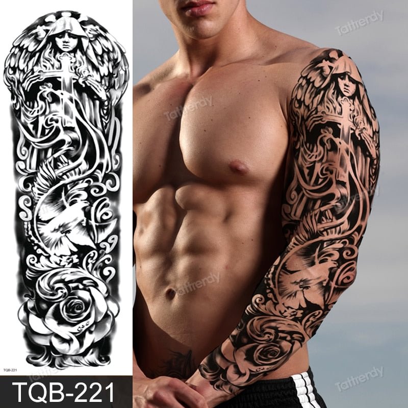full arm temporary tattoos large black totem trial boys tatoo fake waterproof skull lion sleeve tattoo stickers body art makeup