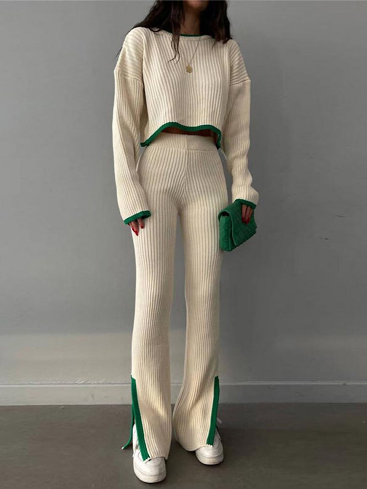 Toloer Women Casual Contrast Slit Sweater Suits O-Neck Knitted Crop Pullover And Wide Leg Pants Female 2 Piece Set Elegant Warm Outfits2