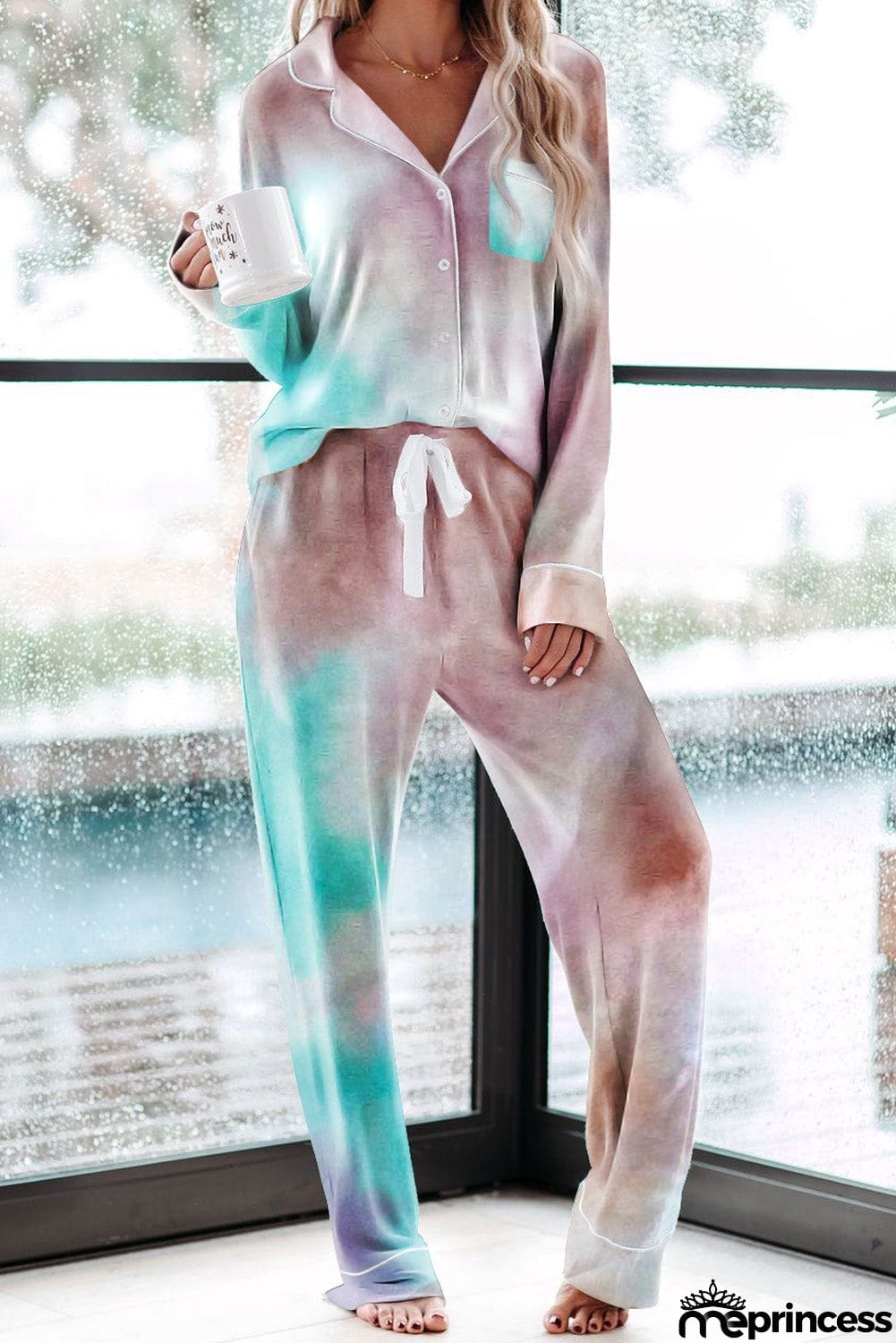 Multicolor Tie-dye Long Sleeve Shirt with Pants Lounge Set