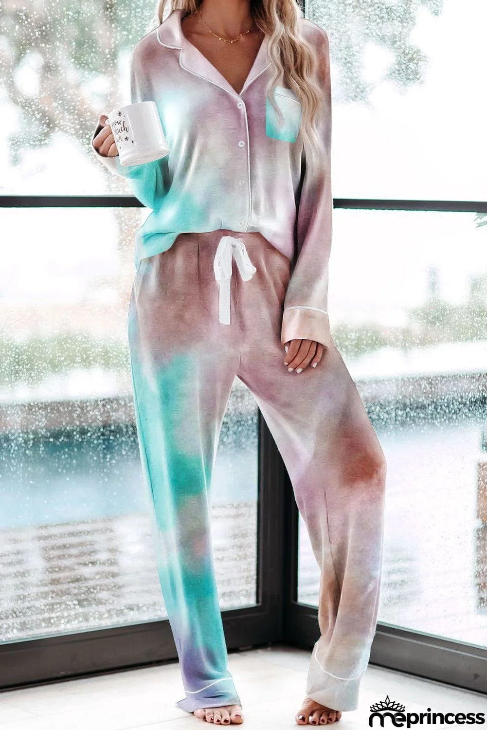 Multicolor Tie-dye Long Sleeve Shirt with Pants Lounge Set