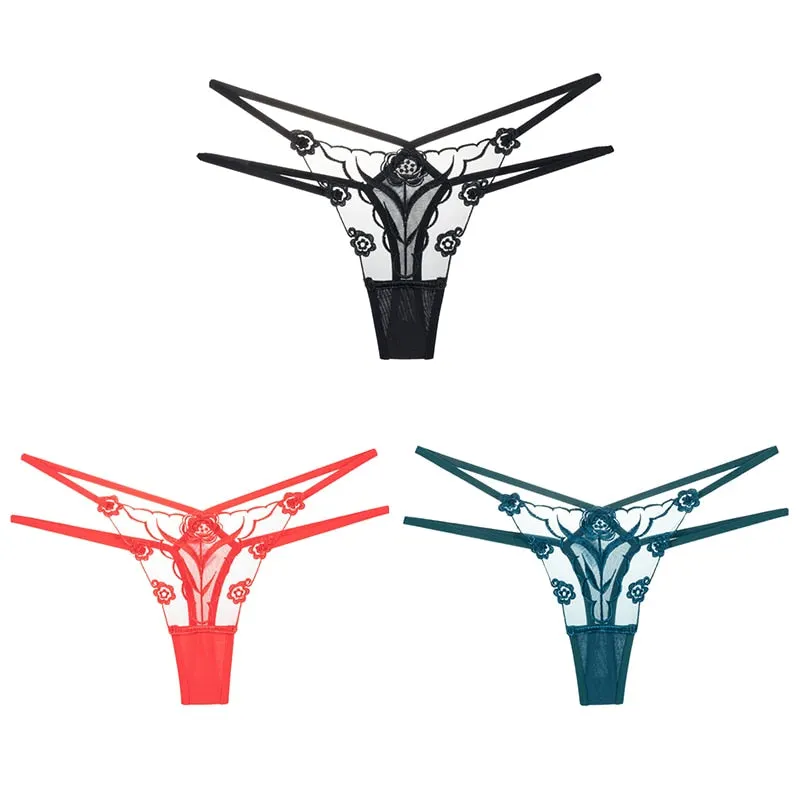 Sexy Lace Floral Thong Ladies Panties Embroidered Hollow Out Lingerie Female Temptation Mesh Perspective G-String 3pcs Underwear