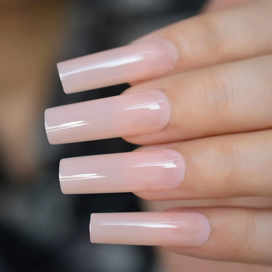 Nude Extra Long Fake Nails Coffin Full Cover Glossy False Nail Long Ballerina Nails with Glue Sticker-Nail Inspo