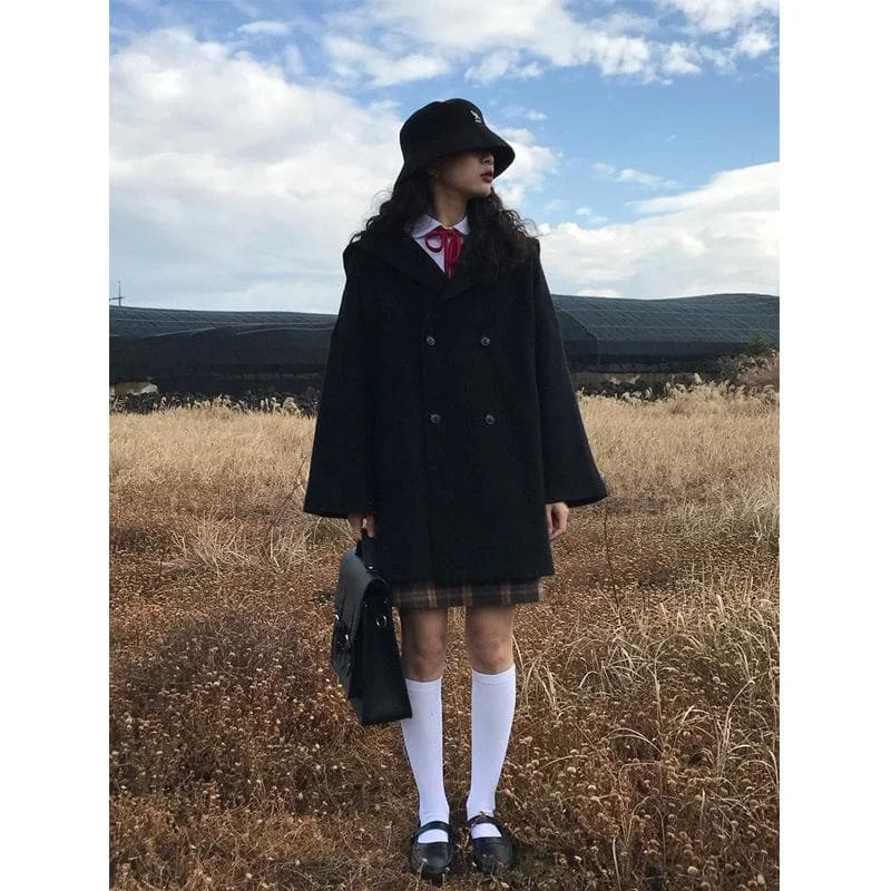 Black Retro Sailor Woolen Coat SP14274
