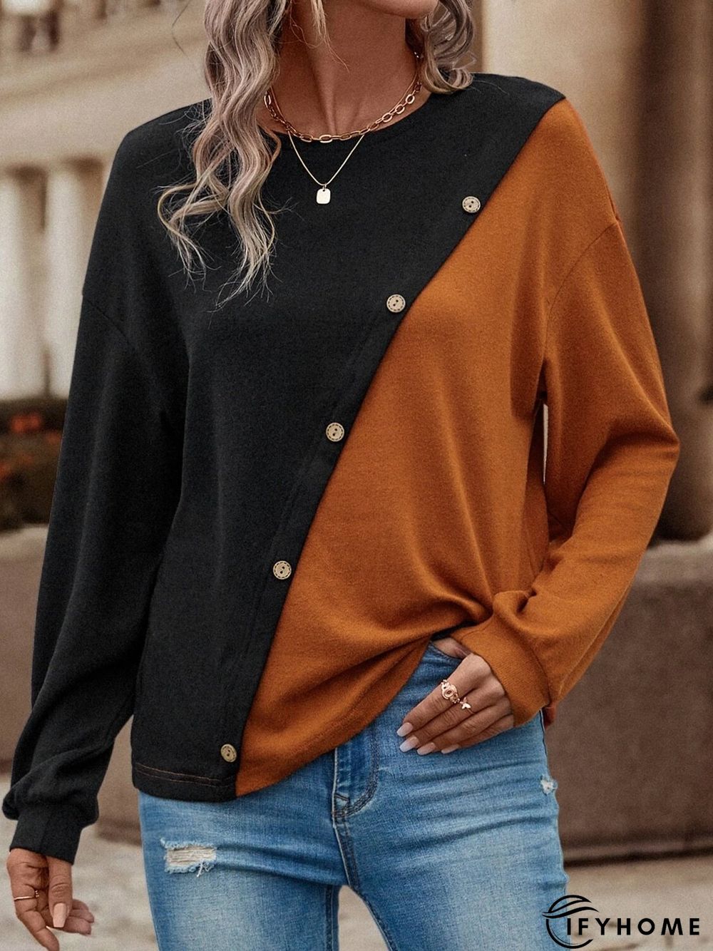 Crew Neck Color Block Casual T-Shirt | IFYHOME