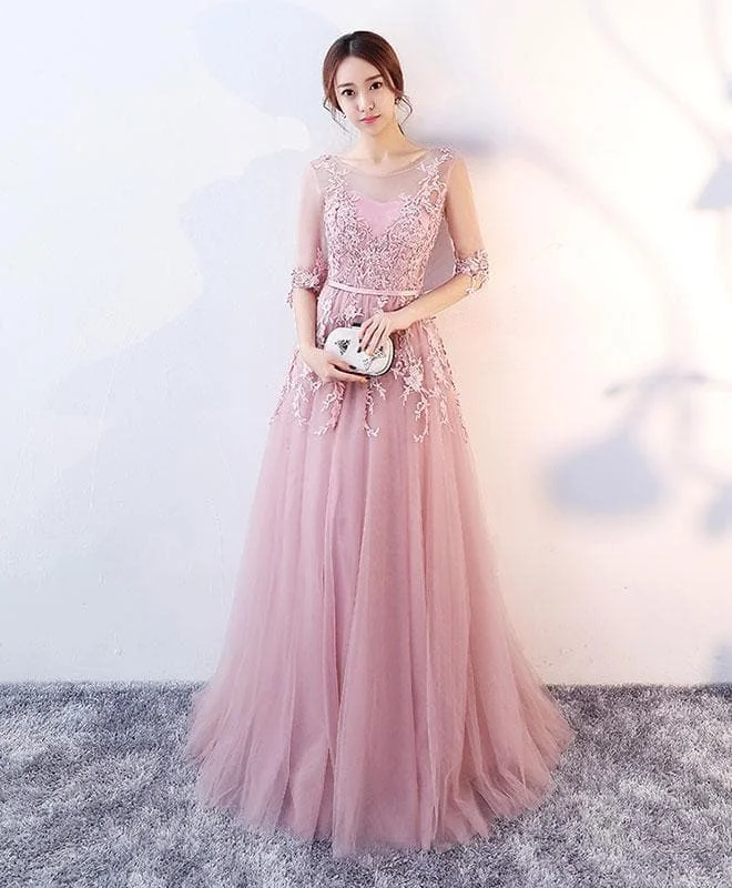 Pink Round Neck Lace Tulle Long Prom Dress, Evening Dress