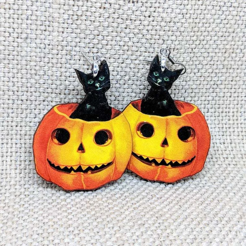 Halloween Cat and Pumpkin Wooden Earrings