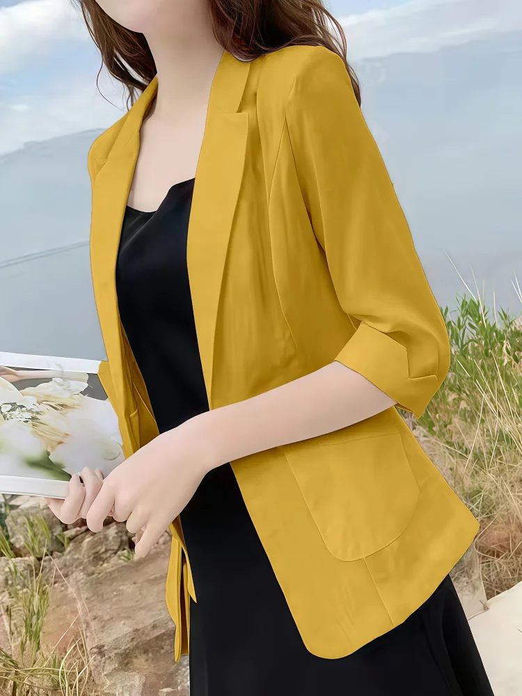 Women's Elegant Loose-Fit Blazer Jacket - Three-Quarter Sleeve Single-Breasted Solid Color All-Season Versatile Coat, Machine Washable H-Silhouette For Casual & Professional Wear, Office Attire, Classic Style, Durable Fabric, Stylish Coat, Fashion Lover