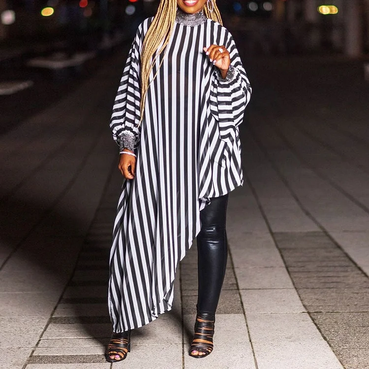 Striped Pattern Long Sleeve Asymmetrical Shirt Dress - IRBOOM Fashion Clothing