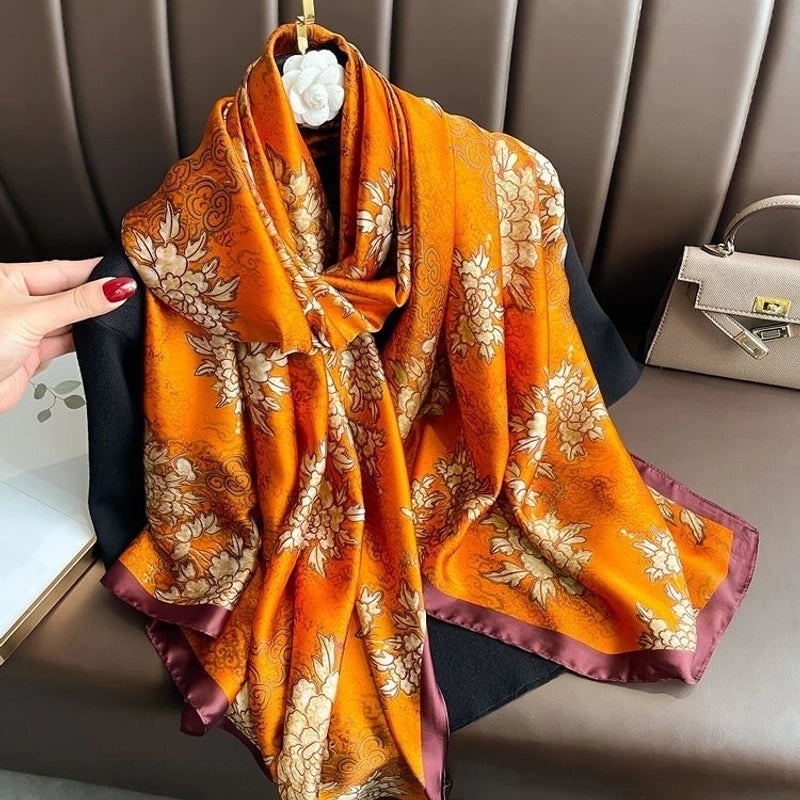 Women’s Fashion Letter Plaid Satin Printing Silk Scarves