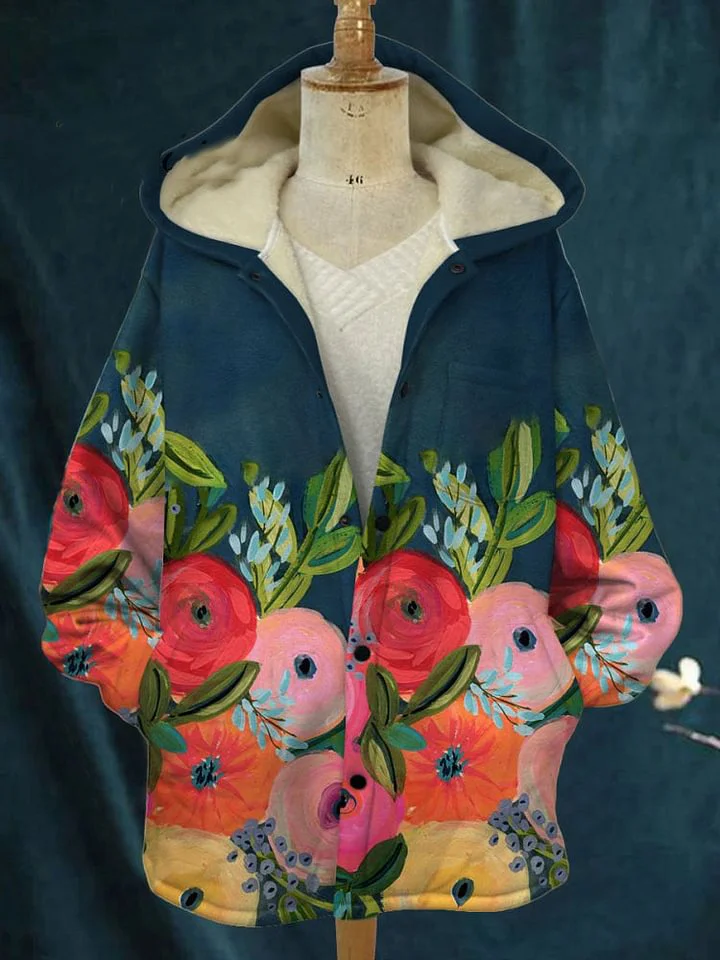 Retro  Flower Print Waffle Plush Thick Long-Sleeved Hooded Coat