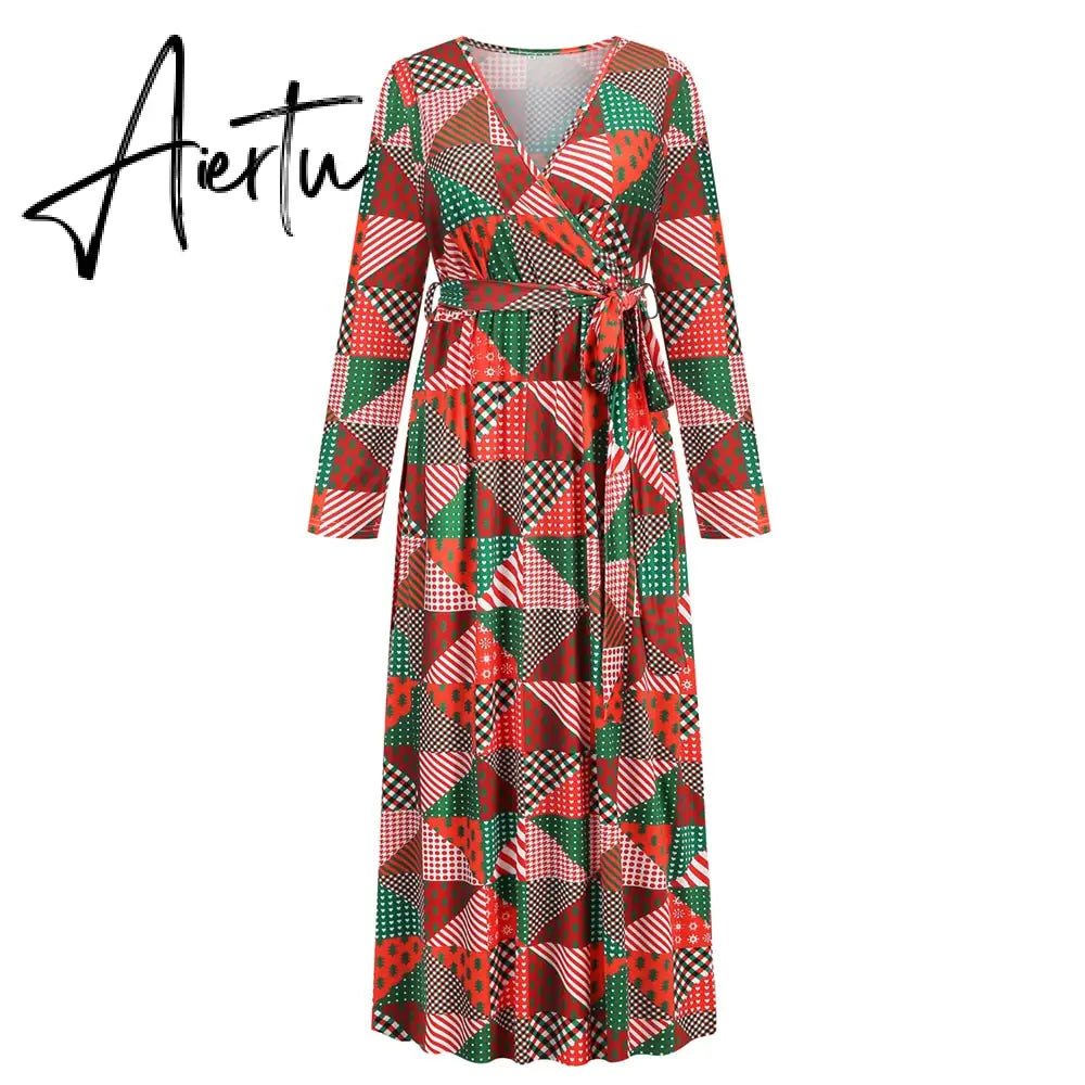 Christmas Print Long Dress for Women Autumn V-neck Knitting  A-LINE Belt Slim Ankle-Length Aiertu