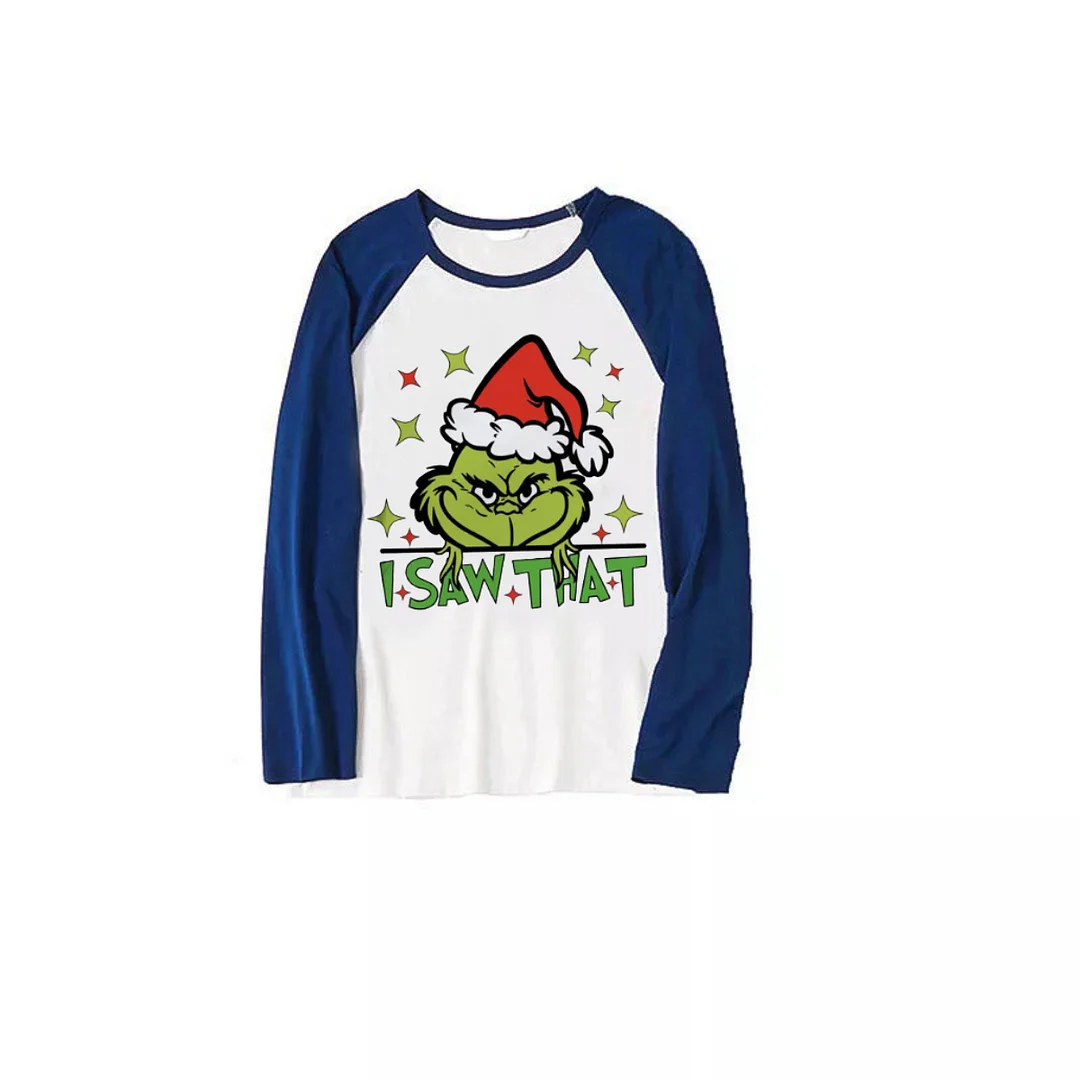 "I Saw that" Text and Cartoon Pattern Printed Navy Blue and Black Plaid Christmas Family Pajamas