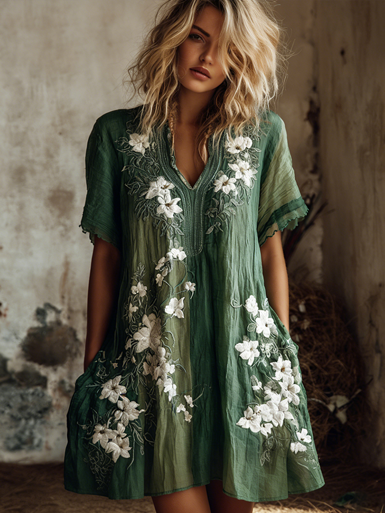 Spring White Floral Art Embroidered Tie-dye Green Playful V-neck Dress elevenforest