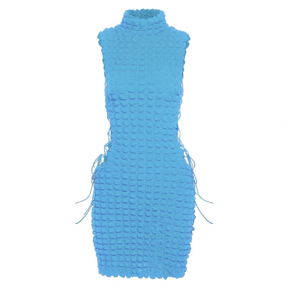 Club Party Backless Tank Dresses  Turtleneck Sleeveless Hip Wrap Bodycon Dress Side Hollow Bandage Plaid Skinny Mini Dress