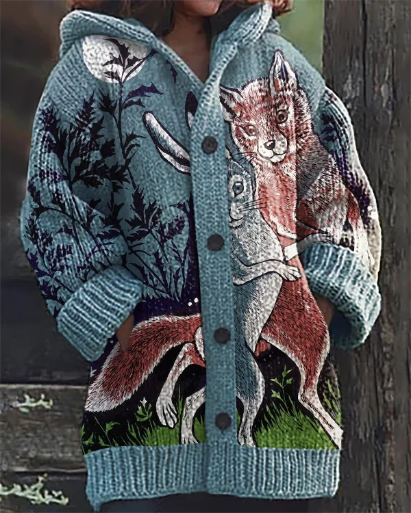 Vintage Fox Art Print Hooded Cardigan