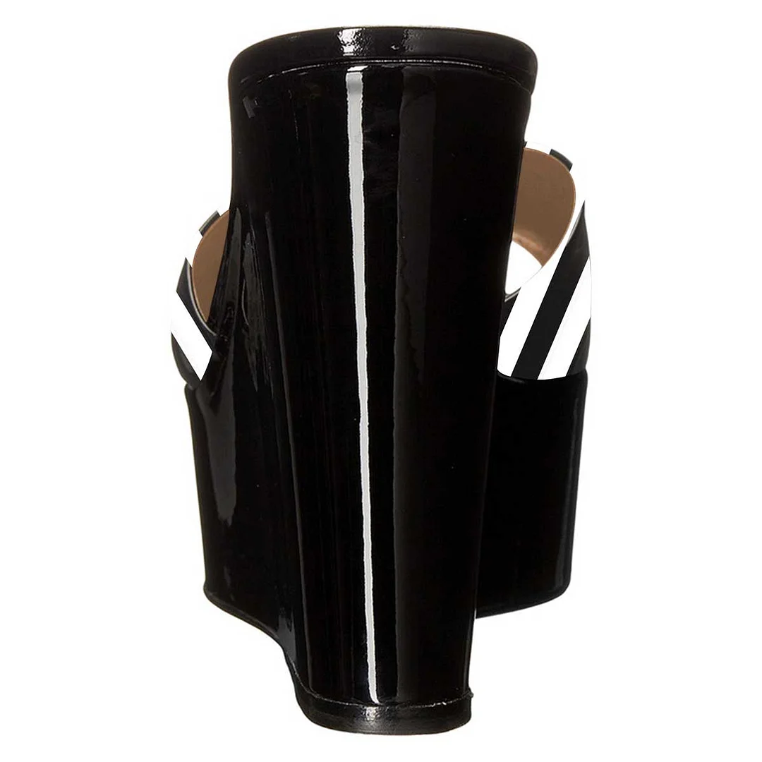 Black & White Stripe Platform Mules Peep Toe Slip on Wedge Sandals