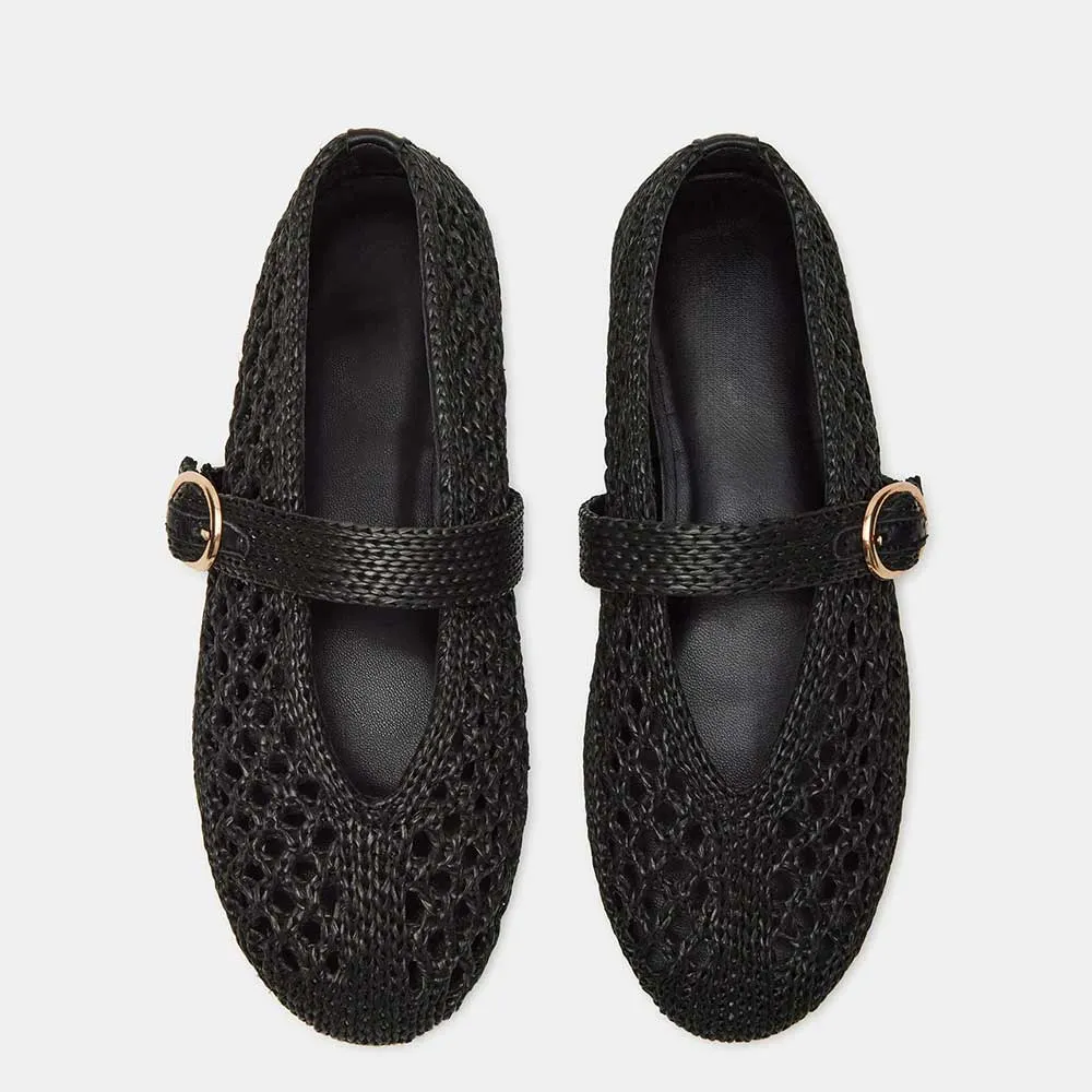 Black Raffia Round Toe Buckle Strap Mary Jane Flat Shoes Women