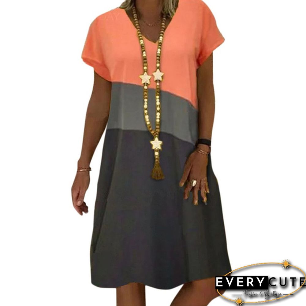 Summer Retro V-Neck Short-Sleeved Mid-Length Dress Retro Printed Loose Beach Casual Skirt