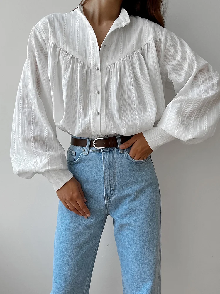 Women's France Style Solid White Cotton Blouse Shirt