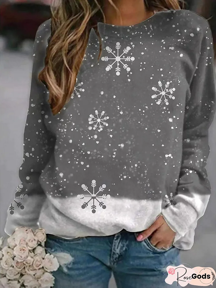 Christmas Snowflake Casual Color Block Loosen Sweatshirt