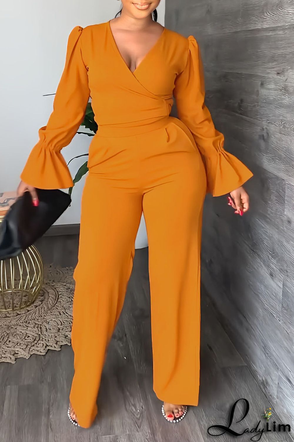 Tangerine Casual Solid Patchwork V Neck Long Sleeve Two Pieces