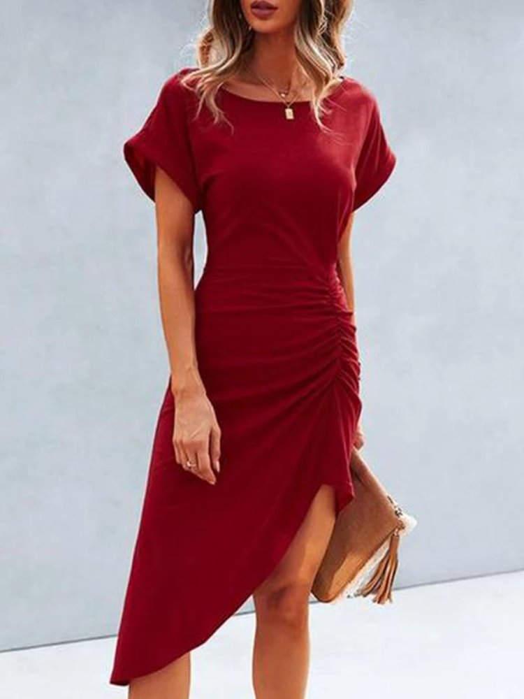 Round Neck Ruched High-low Midi Dress P14438