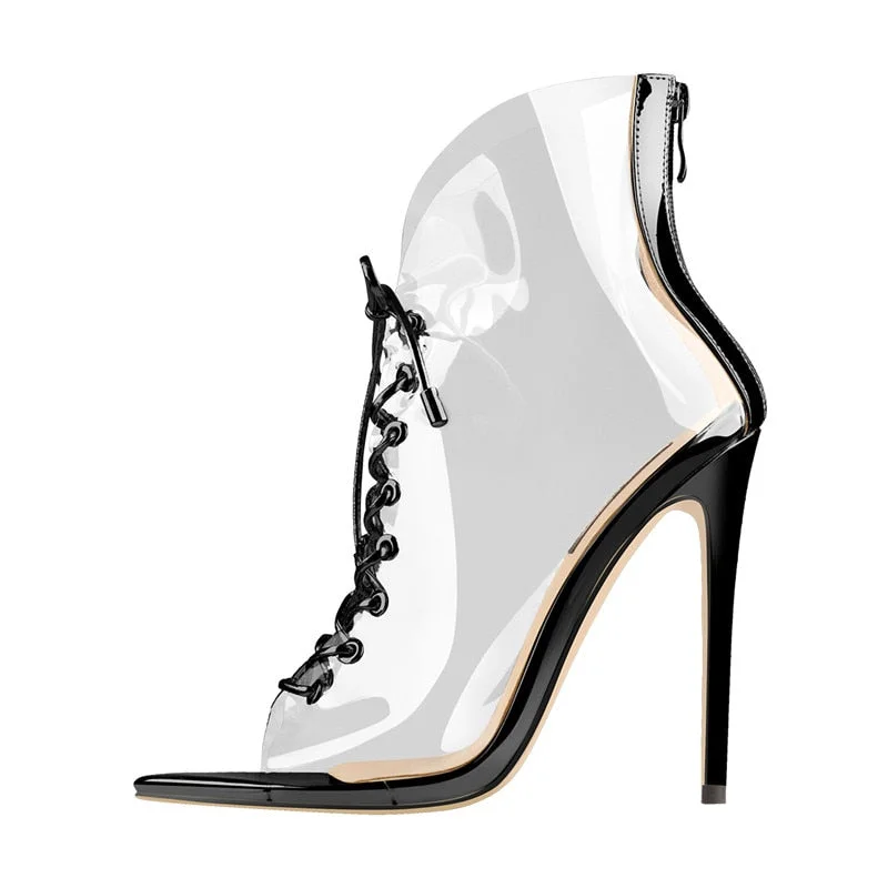 Onlymaker Women's PVC Peep Toe Transparent Lace Up Zipper Back Ankle Strap Stiletto Party Fashion Lady Gold and Black Sandals