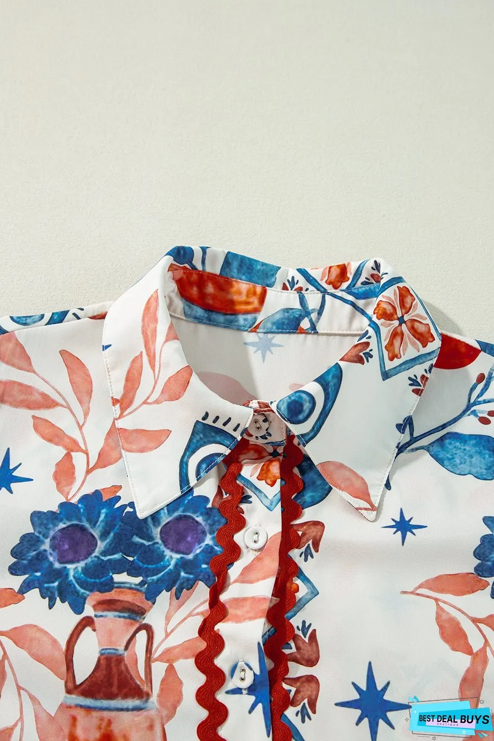 Multicolour Western Printed Ric Rac Bishop Sleeve Button Up Shirt