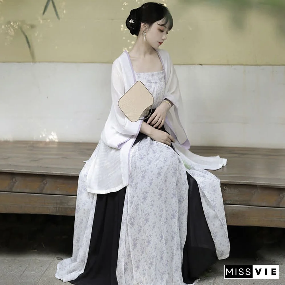 Vintage Floral Print Cami Top Cardigan High Waist Stitching Skirt