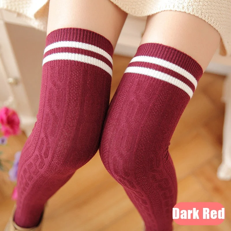 Winter Autumn 100% Cotton Stripe Thigh High 7 Colors Thick Version Over Knee Cute Lolita Good Stretch Stocking Spring Fashion