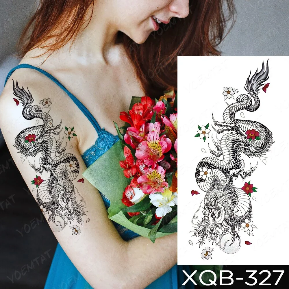 Waterproof Temporary Tattoo Sticker Sword Prajna Flowers Tattoos Indian Eagle Dragon Tiger Body Art Arm Fake Sleeve Tatoo Women