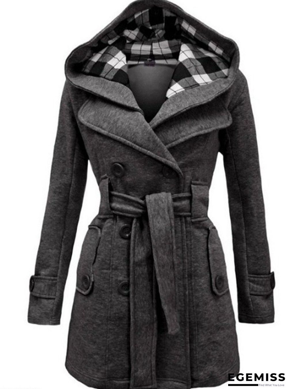 Checked Hooded Woolen Coat With Long Belt | EGEMISS