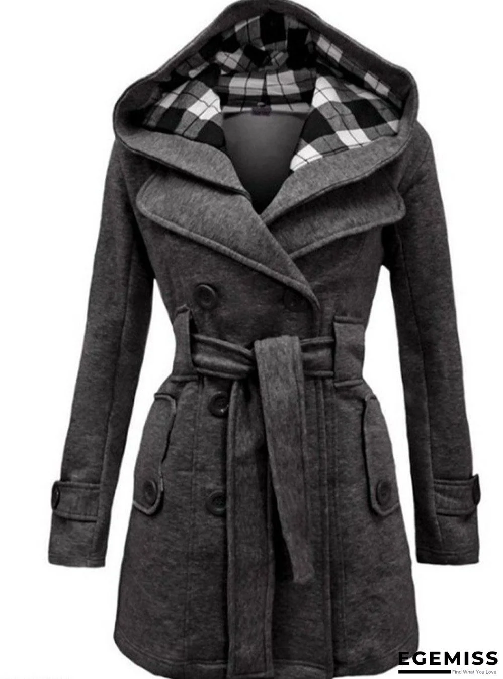 Checked Hooded Woolen Coat With Long Belt | EGEMISS