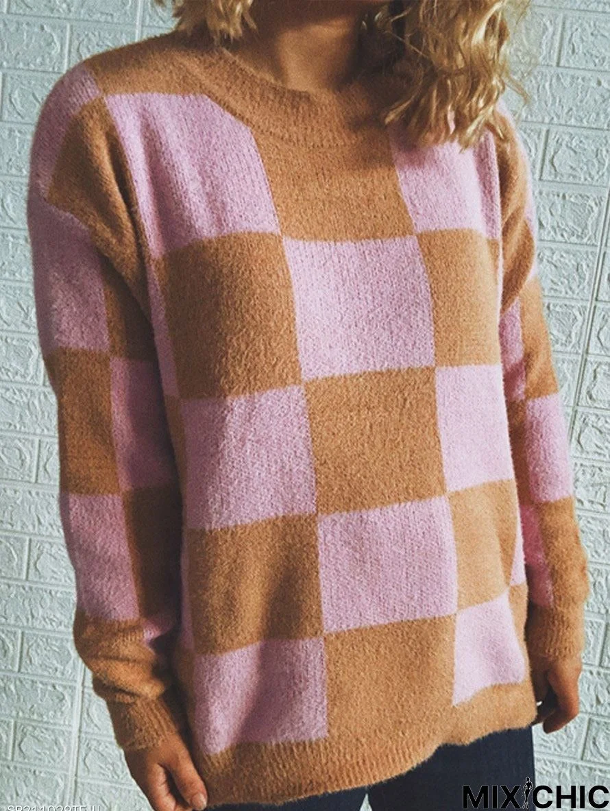 Round Neck Check Casual Loose Sweater Pullover