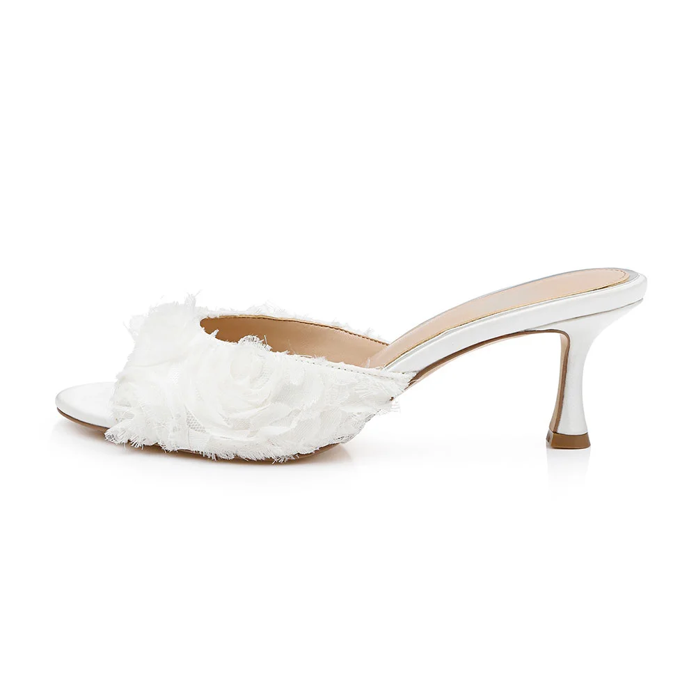 Women's White Satin Peep Toe Comfortable Heeled Mules with Ruffle