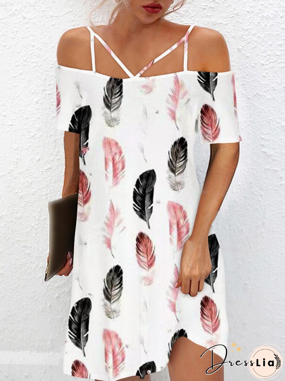 Vintage One-Line Neck Cross Strap Dress Women Summer Sexy Short Sleeve Backless Mini Dress Ladies Fashion Printed Loose Dresses