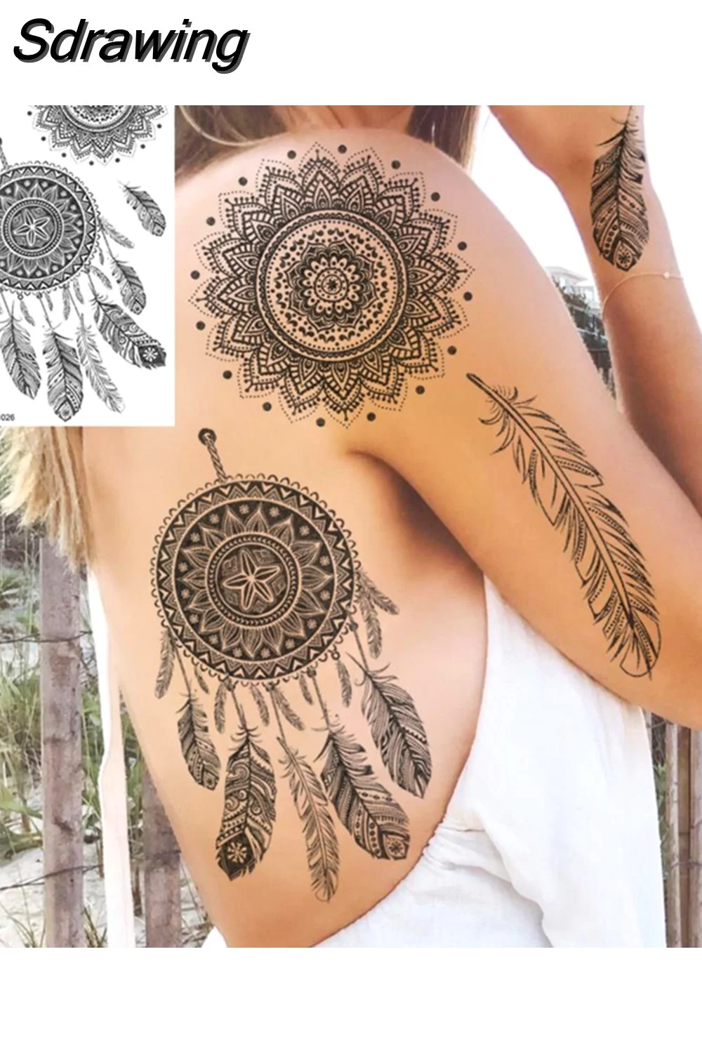 Sdrawing Henna Temporary Tattoos For Women Girls Feather Butterfly DreamCatcher Fake Gem Tattoo Sticker Chest Arm Tatoos Tribal 430-1