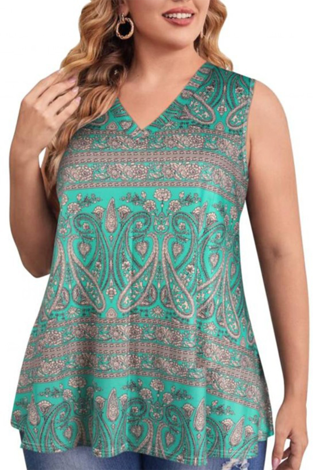 Plus Size Casual Green Paisley Print V Neck Tank Top 2024 - Flycurvy 