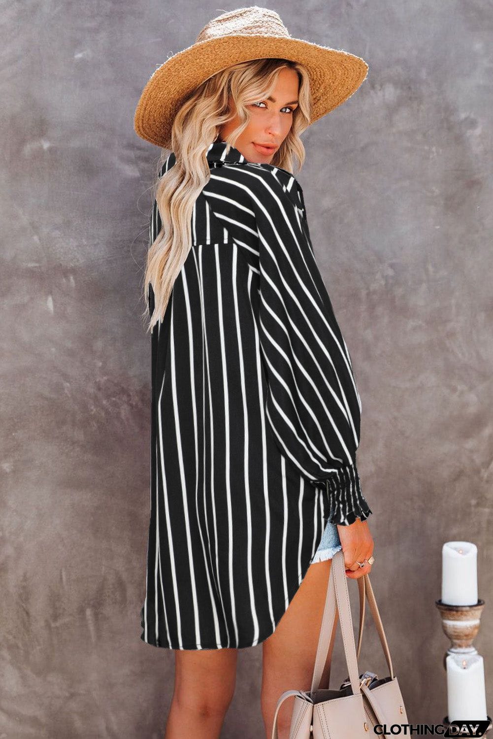 Pocketed Striped Button Shirt with Slits