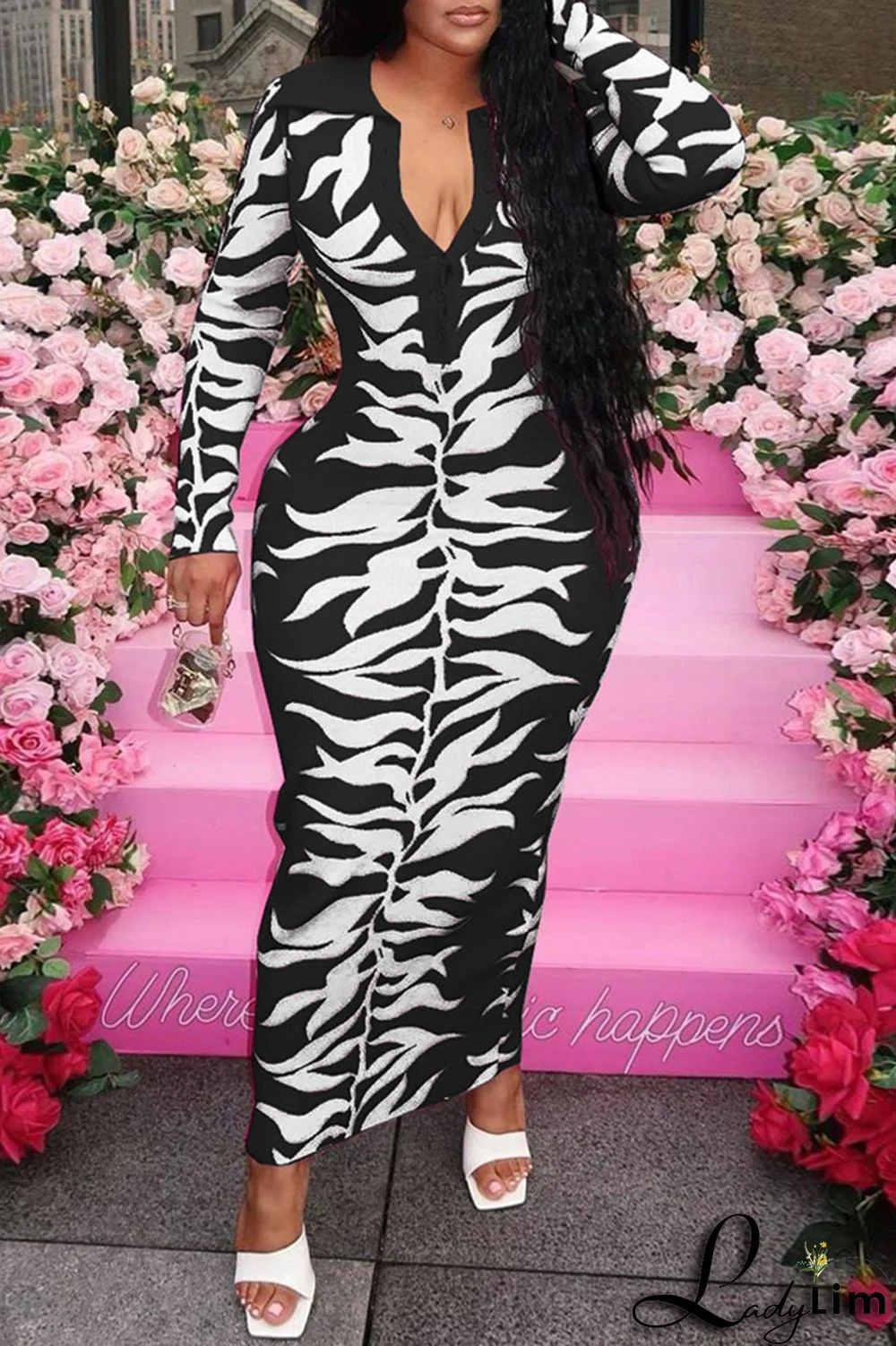 Black Fashion Sexy Print Buckle Turndown Collar Long Sleeve Plus Size Dresses