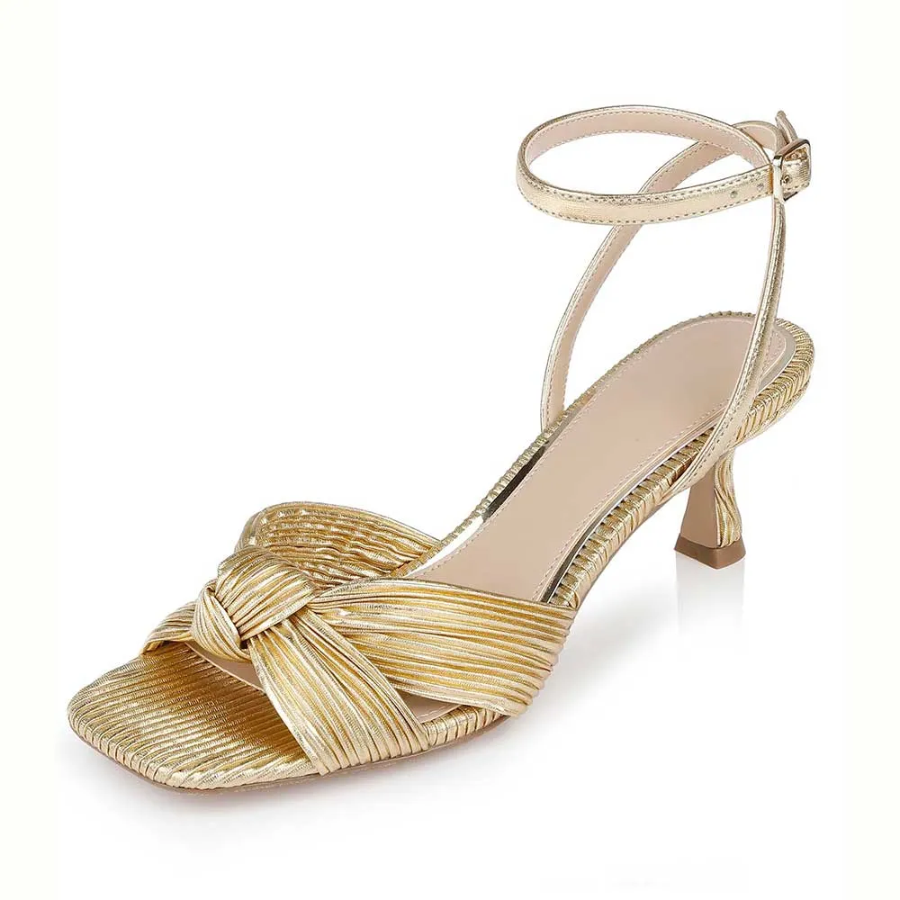 Gold Open Toe Pleated Detail Kitten Heel Knot Ankle Strap Sandals Nicepairs