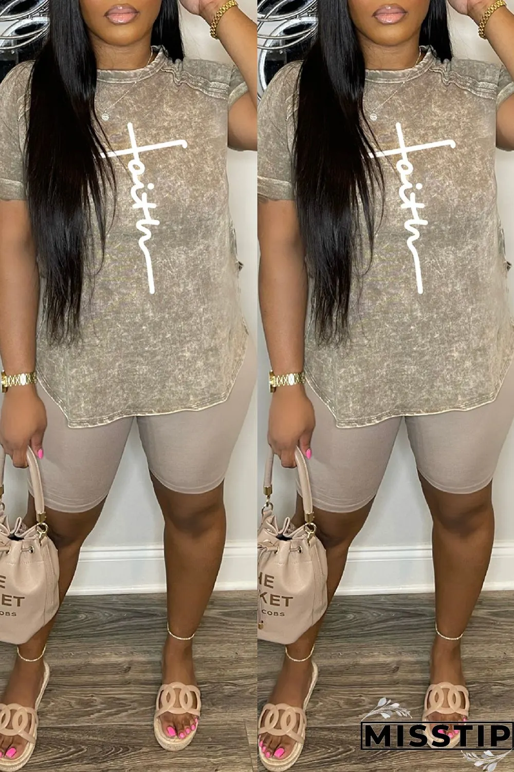 Black Casual Print Basic O Neck Short Sleeve Two Pieces
