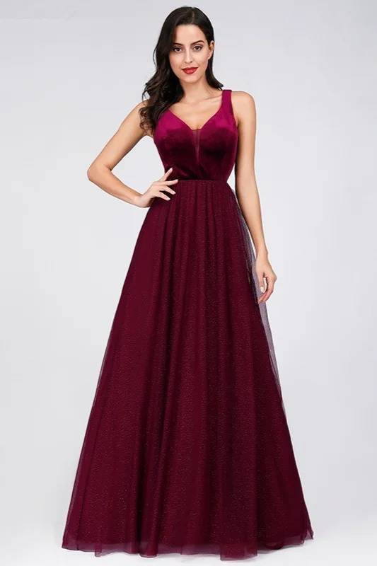 Sparkle Burgundy Sleeveless Prom Dress Long Tulle Evening Party Gowns