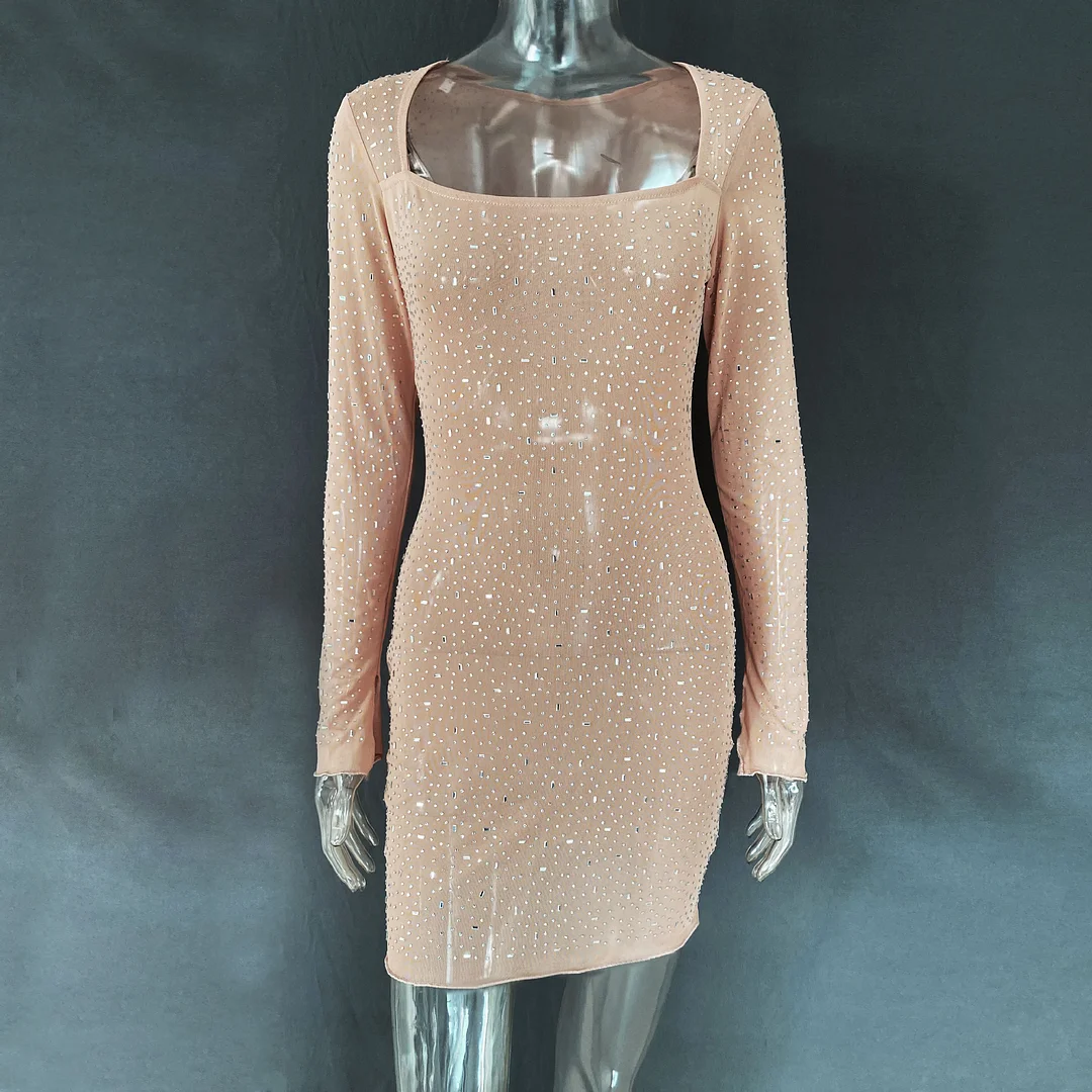 Brownm Brownm Explosion Women's Lily Hot Diamond Sexy Half-Perspective Long-Sleeved Short Dress