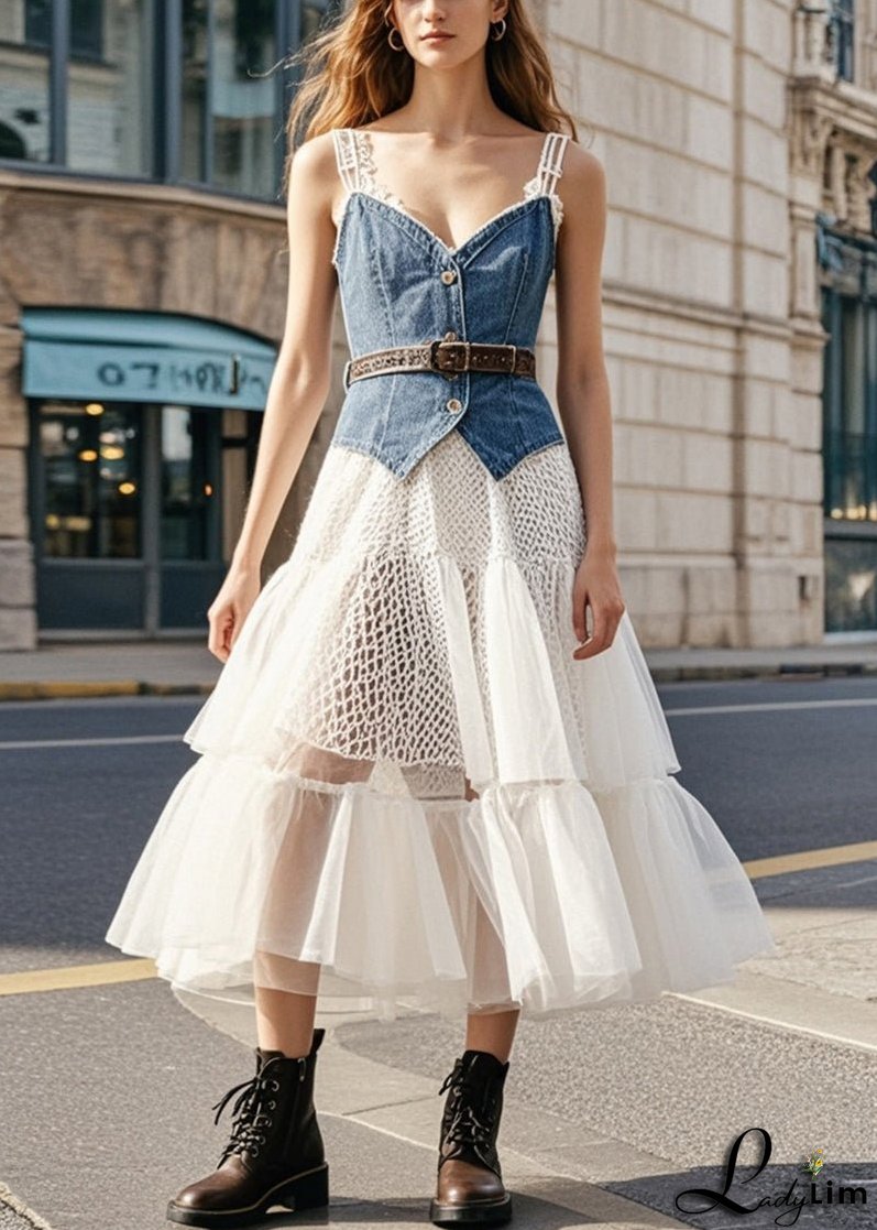Casual Denim Blue Cinched Patchwork Tulle Vacation Dresses Summer