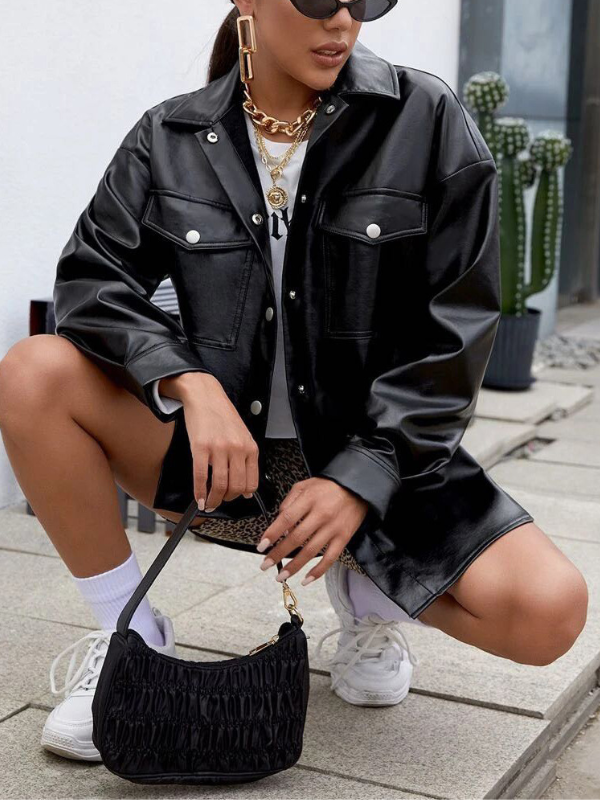 Women's Jacket PU Leather Solid Color Lapel Long Sleeve Motorcycle PU Blazer with Front Pocket