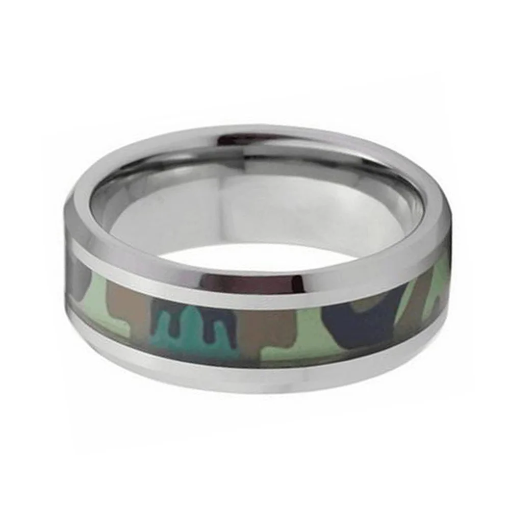 8MM Jungle Camouflage Tungsten Rings Men Wedding Band Bevel Edge Polished Finished