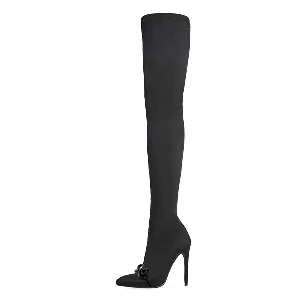 Black Pointed Toe Bowknot Stiletto Heel Over-the-Knee Stretch Boots Nicepairs