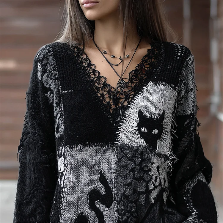 Black Cats Colorblock Patchwork V Neck Cozy Knit Sweater