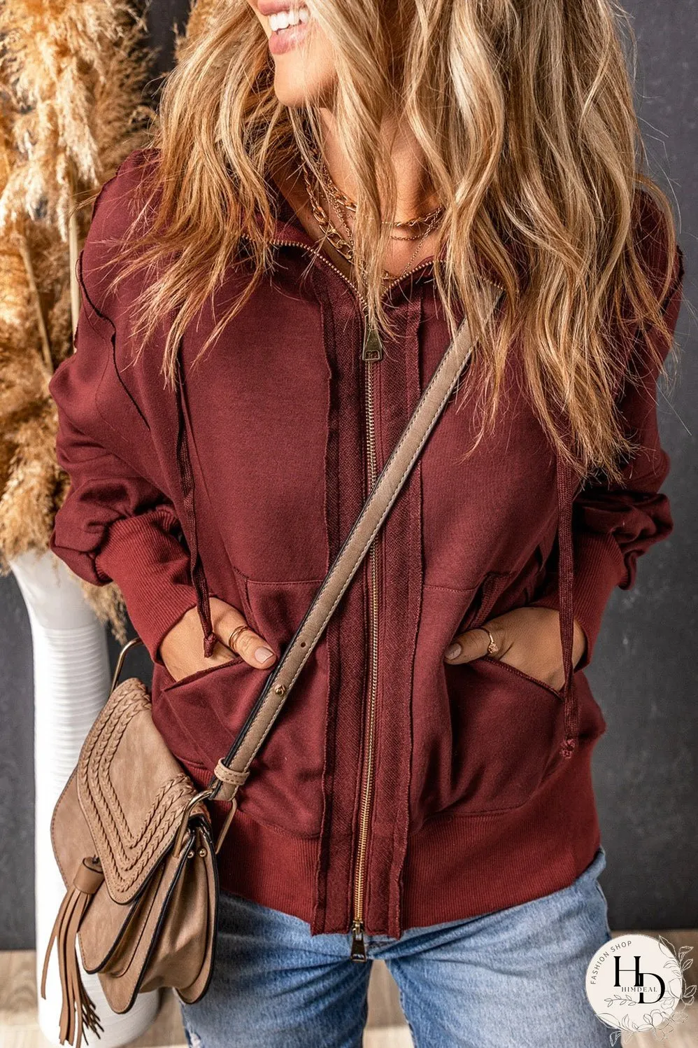 Brown Exposed Seam Zip-Up Hoodie with Raw Hem